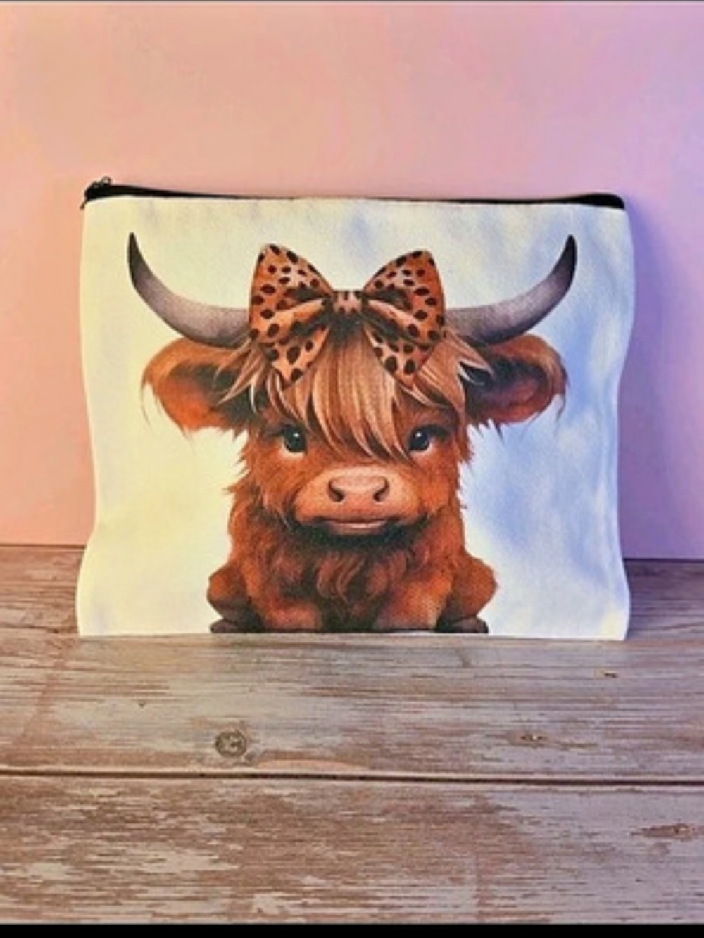 Highland Cow Zipper Pouch in Brown & White 9 X 7" Make Up Travel Bag NEW